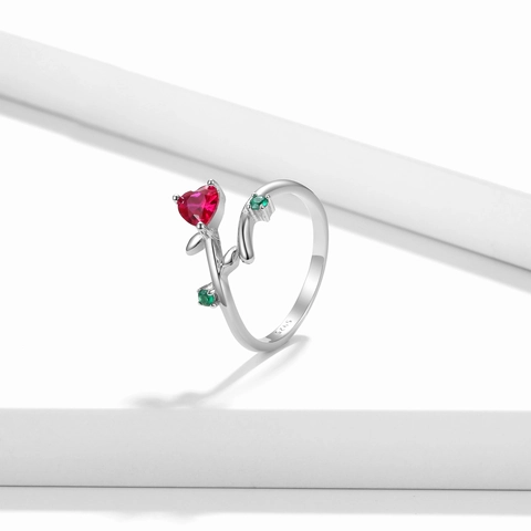 Anello Cuore Rosa Argento Sterling 925 Con Zircone Cuore Rosso E Zircone Foglia Verde Vite Elegante Floreale Romantico
