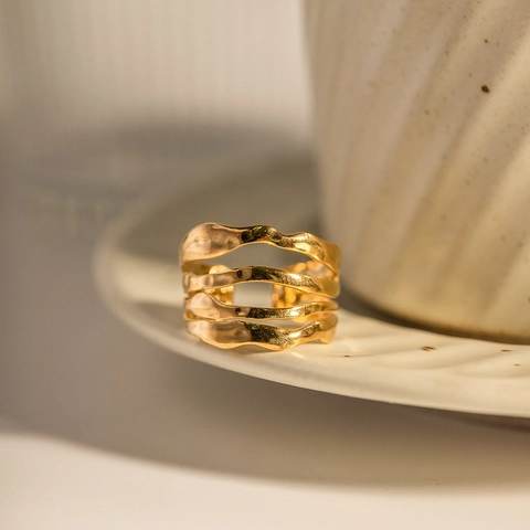 Mehrlagiger Wellenring Verstellbar Edelstahl Gehämmerte Textur Minimalistischer Schmuck Für Damen