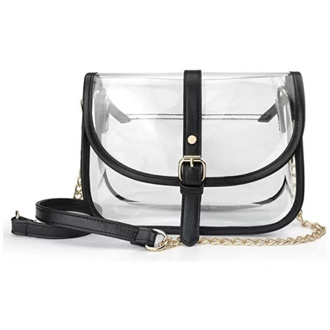 Clear Crossbody Bag Transparent PVC Waterproof Concert Stadium Approved Faux Leather Trim Detachable Gold Chain Strap Purse