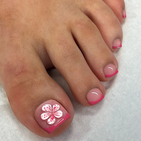 Press On Zehennägel Französisch Rosa Spitzen Weißes Blumendesign Glänzend ABS Material Abnehmbar Sommerstil Damen