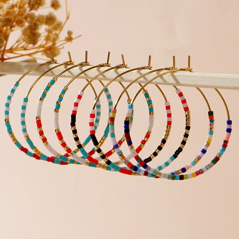 Bohemian Seed Bead Hoop Earrings Colorful Handmade Glass Beads Ethnic Jewelry Stainless Steel Earring Post For Women