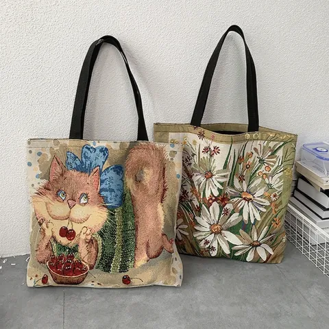 Jacquard Leinwand Einkaufstasche Große Kapazität Reißverschluss Schultertasche Tier Katze Hund Blumenmuster Retro Kunst Damen