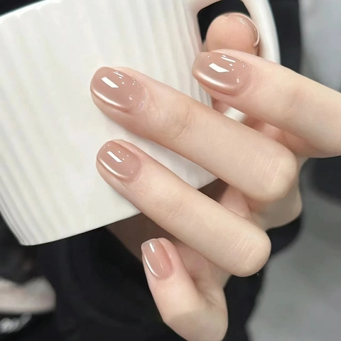 Uñas Postizas Press On Ojo De Gato Brillantes Cortas Cuadradas Redondas Color Rosa Nude Elegantes Desmontables Para Mujer