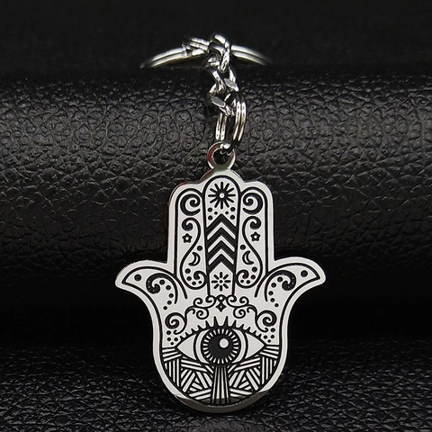 Edelstahl Hand der Fatima Schlüsselanhänger Silber Böser Blick Schutz Amulett Mystisch Schlüsselring Mode Schmuck Zubehör Geschenk