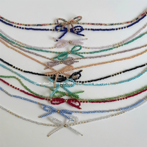 Handmade Beaded Bowknot Necklace Faceted Crystal Beads Stainless Steel Colorful Sweet Jewelry For Women