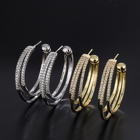Large Hoop Earrings Pave Zircon Copper 18K Gold Plated Double Layered Geometric Trendy Exaggerated Jewelry Women