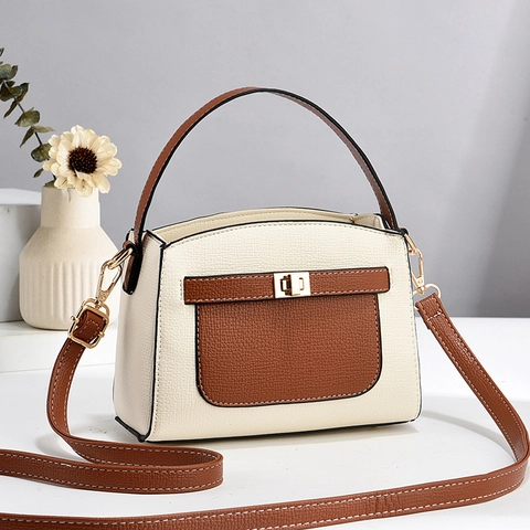 Women Litchi Texture PU Leather Shoulder Crossbody Bag Color Contrast Metal Lock Simple Small Square Handbag