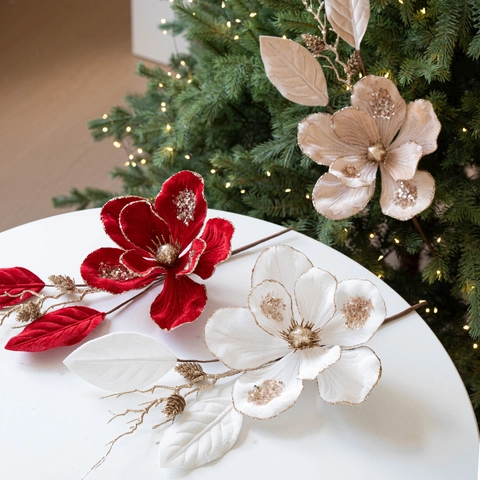 Artificial Magnolia Flowers Velvet Glitter Petals Christmas Tree Decor Branch Simulation Luxury Home Wedding Ornament
