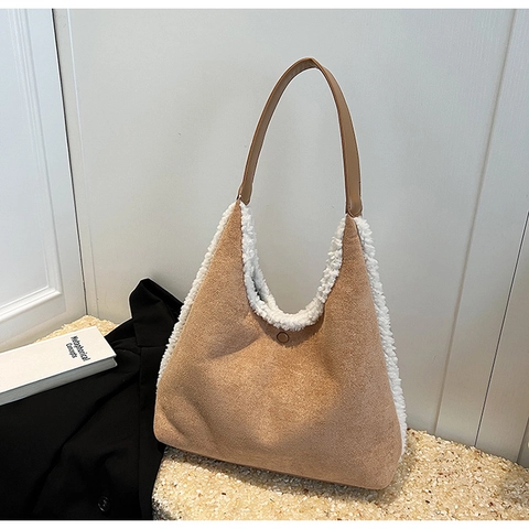 Bolso de Hombro de Gamuza y Sherpa Artificial para Mujer Vintage Gran Capacidad Bolso Tote Otoño Invierno Casual Color de Contraste
