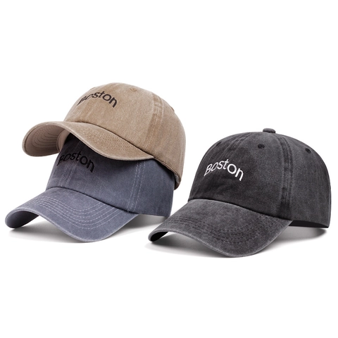 Cappello Da Baseball In Cotone Lavato Con Ricamo Boston Vintage Distressed Regolabile Dad Hat Per Uomo Donna