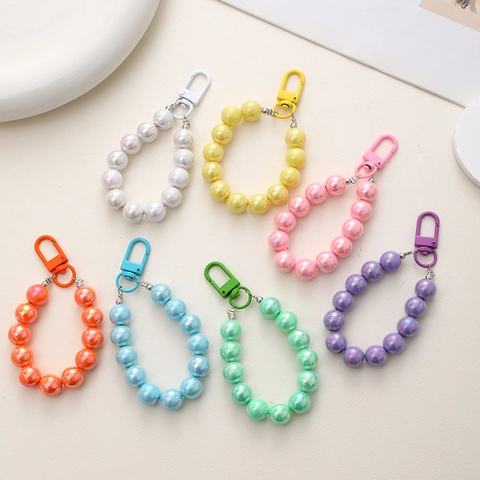 Mermaid Artificial Pearl Beaded Keychain Acrylic Iridescent Round Beads Bag Charm Pendant For Earphone Case Girl Sweet Accessories