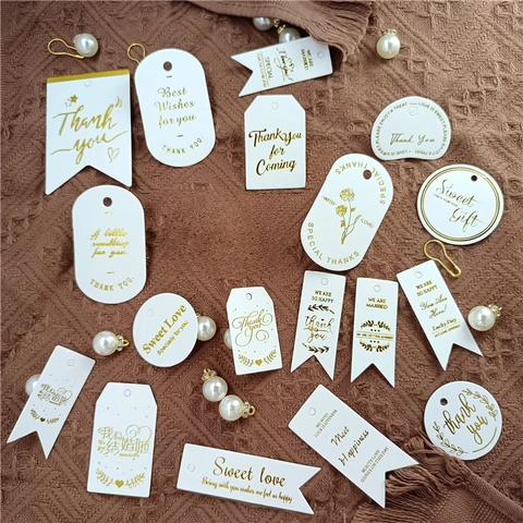 Etichette Regalo Cartoncino Bianco Scritte Dorate Bronzatura Bomboniera Matrimonio Etichette Appese Decorazione