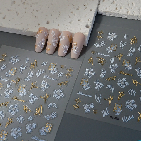 5D Embossed Nail Art Stickers White Flower Gold Foil Artificial Pearl Self Adhesive Elegant Floral Manicure Decals