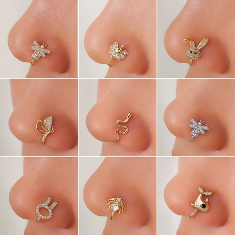 U-Shaped Non-Pierced Nose Ring Copper Rhinestone Animal Bee Butterfly Rabbit Snake Whale Nose Clip For Women Fashion Jewelry