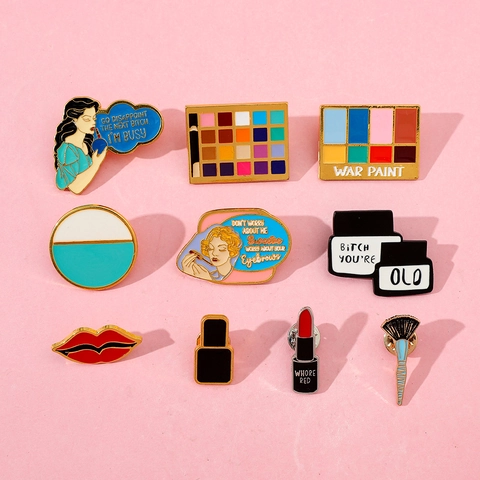 Creative Makeup Theme Enamel Brooch Pins Palette Lipstick Lip Brush Shaped Alloy Lapel Pins For Women Fashion Jewelry Accessories Gift