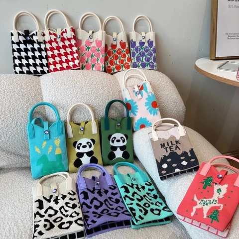 Mini Sac De Téléphone En Tricot Mignon Dessin Animé Panda Chat Cœur Motif Sac À Main Bandoulière Petit Sac Crochet Femmes