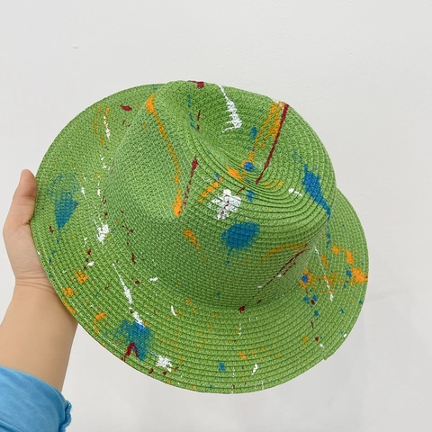 Hand Painted Graffiti Straw Fedora Hat For Women Summer Wide Brim Sun Hat Artistic Breathable Woven Jazz Hat Casual Style