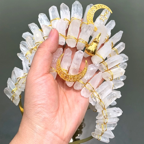 Bandeau Tiare Fait à la Main en Cristal Blanc Naturel Pierre Brute Couronne Bohême Lune Étoile pour Mariage Fête Femme Bijoux de Cheveux