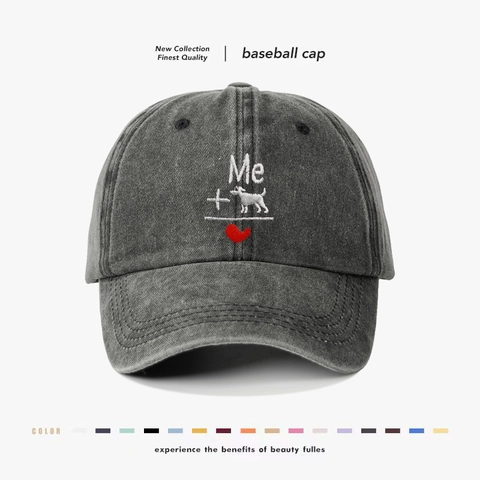 Washed Cotton Baseball Cap With Dog Heart Embroidery Vintage Adjustable Dad Hat For Outdoor Sun Protection Casual Style