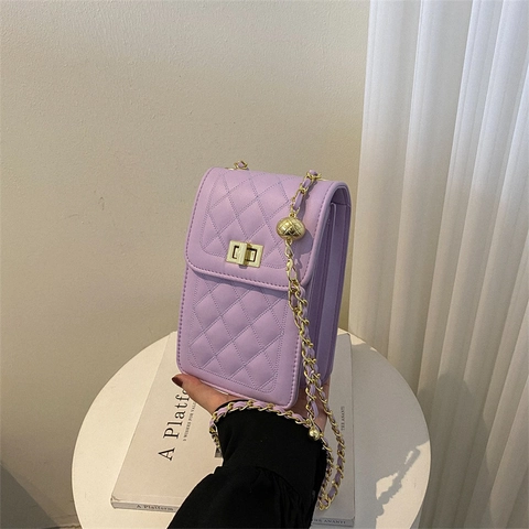 Quilted Crossbody Phone Bag PU Leather Mini Shoulder Purse With Adjustable Chain Strap Metal Turn Lock For Women