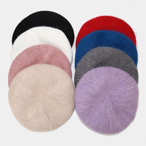 Boina De Punto Para Mujer Con Lentejuelas Mezcla De Pelo De Conejo Suave Cálida Invierno Moda Gorra De Artista Color Sólido
