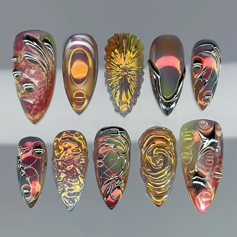Unghie A Pressione Nebulosa Viola Scuro Notte Stellata Fluido Metallico 3D Goffrato Forma Mandorla Lunga Manicure Artificiale