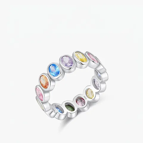 Modian Bague en Argent Sterling 925 Zirconia Arc-en-Ciel pour Femme Doux Coloré Ovale Incrusté Éternité Bijoux Cadeau