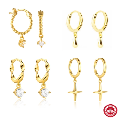 925 Sterling Silver Hoop Earrings With Zirconia Star Teardrop Pendants Geometric Minimalist Jewelry For Women