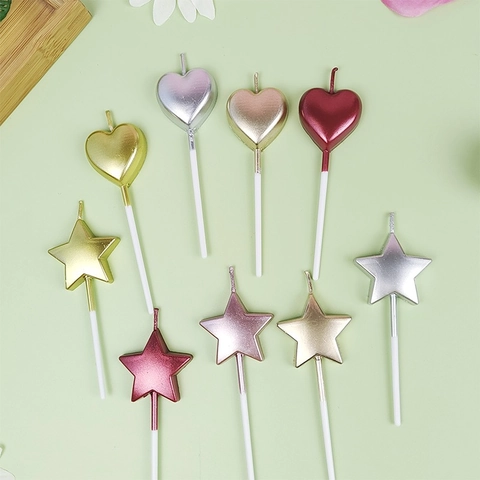 Shiny Metallic Heart Star Shape Birthday Candles Cake Topper Paraffin Wax Stick For Party Celebration Anniversary