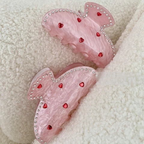 Zoete Roze Acetaat Haarklem Met Strass Hartpatroon Handgemaakte Haarkrabber Voor Dames Mode Haaraccessoires Cadeau