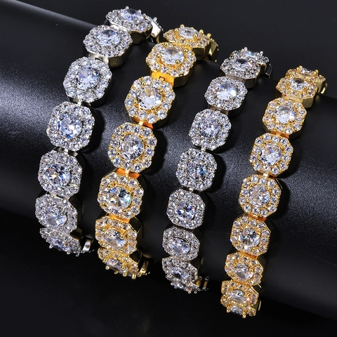 Bracciale Hip Hop Iced Out Zirconia Lusso Rame Placcato Oro Catena Octagonal Link Per Uomo Donna Gioielli Da Festa