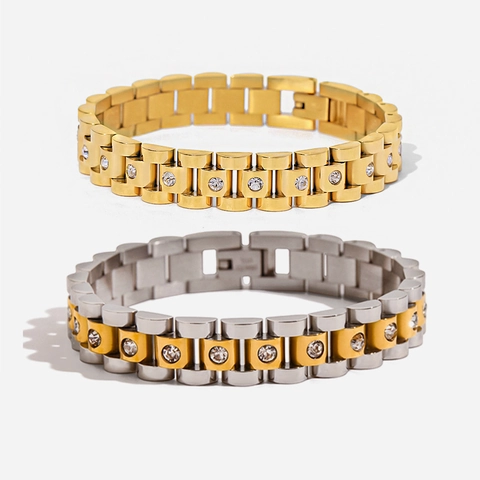 Bracciale Vintage Stile Cinturino Di Orologio In Acciaio Inossidabile Placcato Oro 18K Con Zirconi Gioielli Da Donna