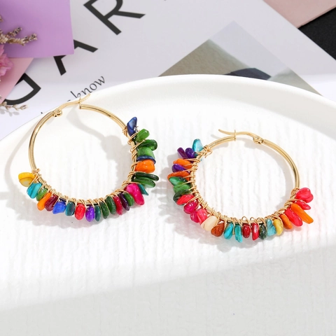 Bohemian Handmade Natural Crushed Stone Round Hoop Earrings Stainless Steel Copper Wire Wrapped Ethnic Vintage Jewelry Women