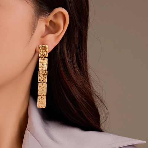 Vintage Stainless Steel 18K Gold Plated Square Hammered Long Tassel Drop Earrings For Women High End Exaggerated Statement Earrings