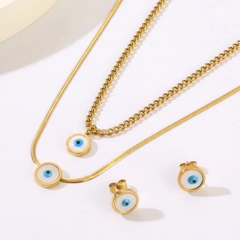 Evil Eye Jewelry For Women Stainless Steel Double Layer Necklace And Stud Earrings Bohemian Retro Cross Shell Inlay Gold Plated