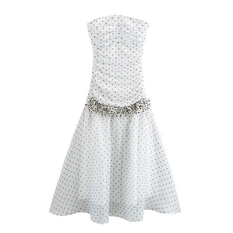 Polka Dot Bandeau Maxikleid Elegant Retro Gerafftes Mesh Trägerlos Ärmellos Hohe Taille Rüschensaum Slim Fit Für Damen
