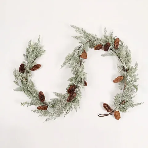 Guirnalda De Navidad Artificial Nevada Vid De Agujas De Pino Con Piñas Naturales Y Luces LED Cálidas Para Decoración