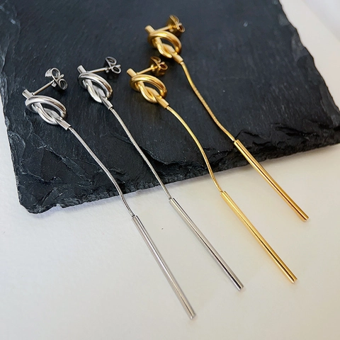 Knot Drop Earrings Titanium Steel 18K Gold Plated Long Tassel Snake Chain Vertical Bar French Vintage For Women