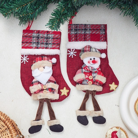 Kerstsok Cadeautas Linnen Pluche Geblokt Met 3D Kerstman Sneeuwpop Rendier Beer Pop Decoratie Voor Home Holiday Party