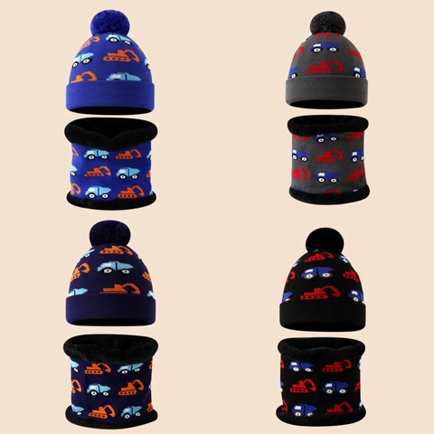 Set Cappello E Sciarpa In Maglia Per Bambini Inverno Caldo Foderato In Pile Escavatore Jacquard Pompon Per Ragazzi