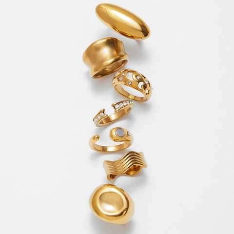 Edelstahl Gold Ringe Für Damen Minimalistisch Boho Stern Mond Blumen Strass Künstliche Perle Wasserdicht Hypoallergen Mode Ringe