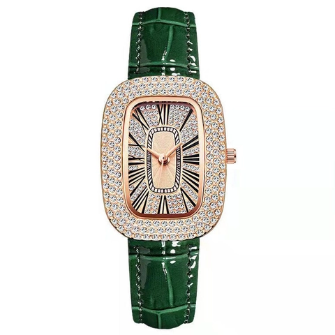 Elegant Women Quartz Watch Oval Rhinestone Bezel Rose Gold Case Faux Leather Crocodile Strap Roman Numeral Dial