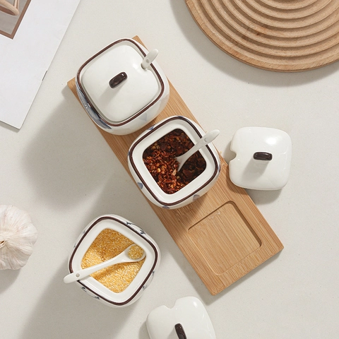 Japanese Style Ceramic Seasoning Jars With Bamboo Tray Underglaze Hand Painted Spice Storage Bottles Kitchen Organizer