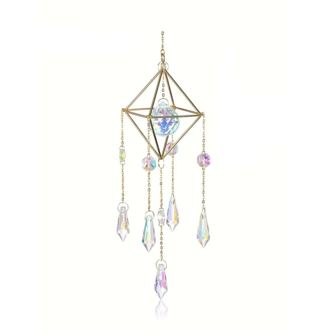 Crystal Suncatcher Hanging Ornament With White Crystal And Gold Metal Moon Star Geometric Prism Rainbow Maker For Window
