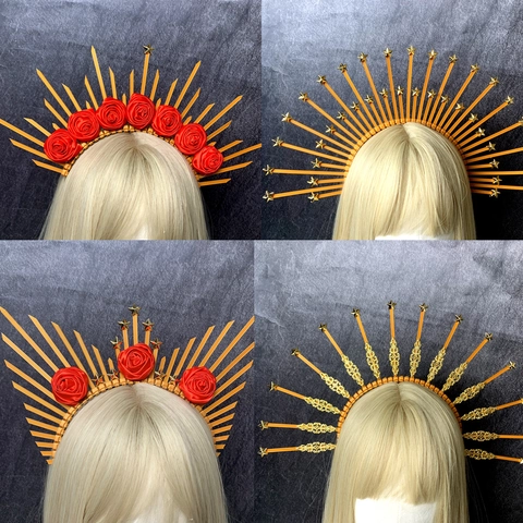 Gotische Heiligenschein Krone Stirnband Mit Satin Rosen Und Metall Sternen Sonnenstrahl Kopfschmuck Für Cosplay Party