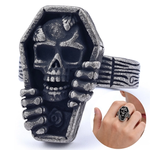 Bague Cercueil Crâne Gothique Acier Inoxydable Vintage Punk Rock Bijoux Biker Pour Hommes Et Femmes Design Rose Rétro