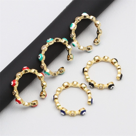 Evil Eye Open Ring Gold Plated Copper Enamel Zircon Adjustable Exaggerated Bohemian Jewelry For Women