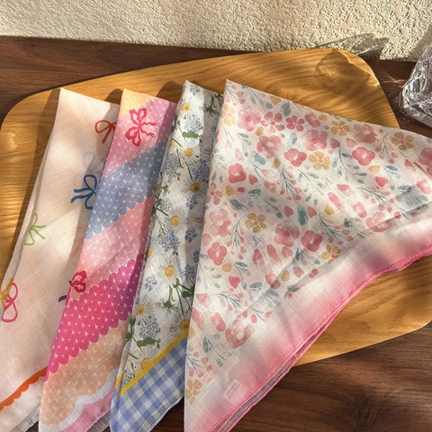 Floral Cotton Linen Square Scarf Pastoral Style Headband Bandana Fashion Neck Accessory For Women
