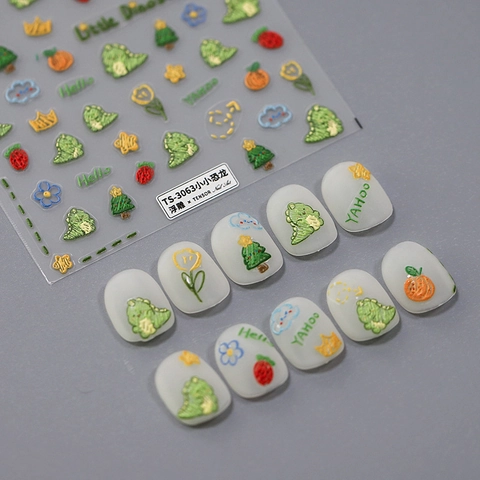 Autocollants Art Des Ongles 3D En Relief PET Auto-Adhésif Dessin Animé Petit Dinosaure Relief Décalcomanies De Manucure