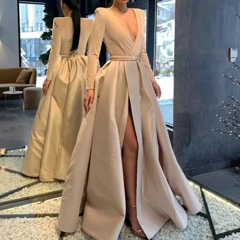 Women Evening Dress Velvet V-Neck Long Sleeve High Slit Satin Maxi Gown With Belt For Banquet Formal Party Elegant
